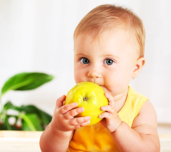 Little baby eating apple, closeup portrait, concept of health care & healthy child nutrition
