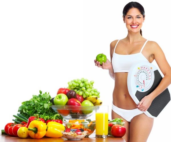 Young healthy woman with fruits and vegetables. Diet.