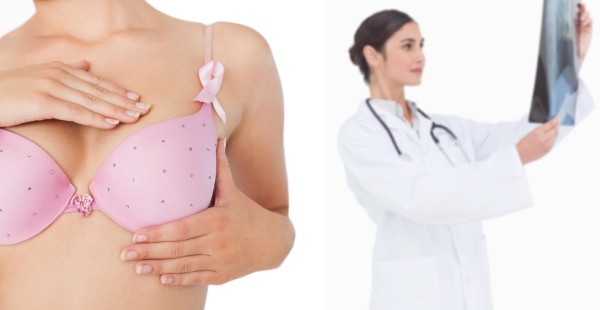 Composite image of closeup of woman performing self breast examination