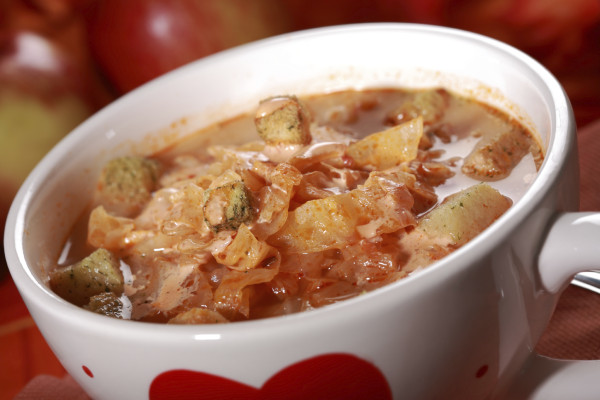 Red cabbage soup with croutons (sauerkraut) - Slovak national dish