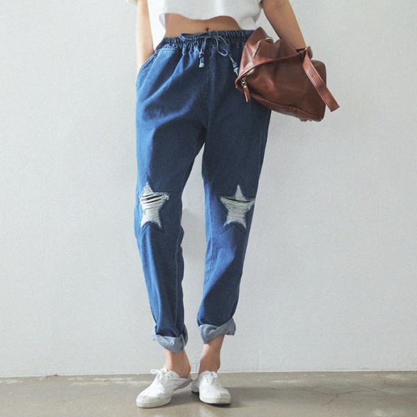 2015-fashion-Star-Classic-jeans-Women-Pants-Drawstring-Elastic-Waist-Comfy-Personality-star-Holes-ripped-jeans