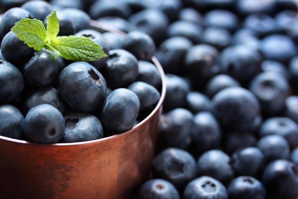 Fresh, ripe blueberries in a copper measuring cup.